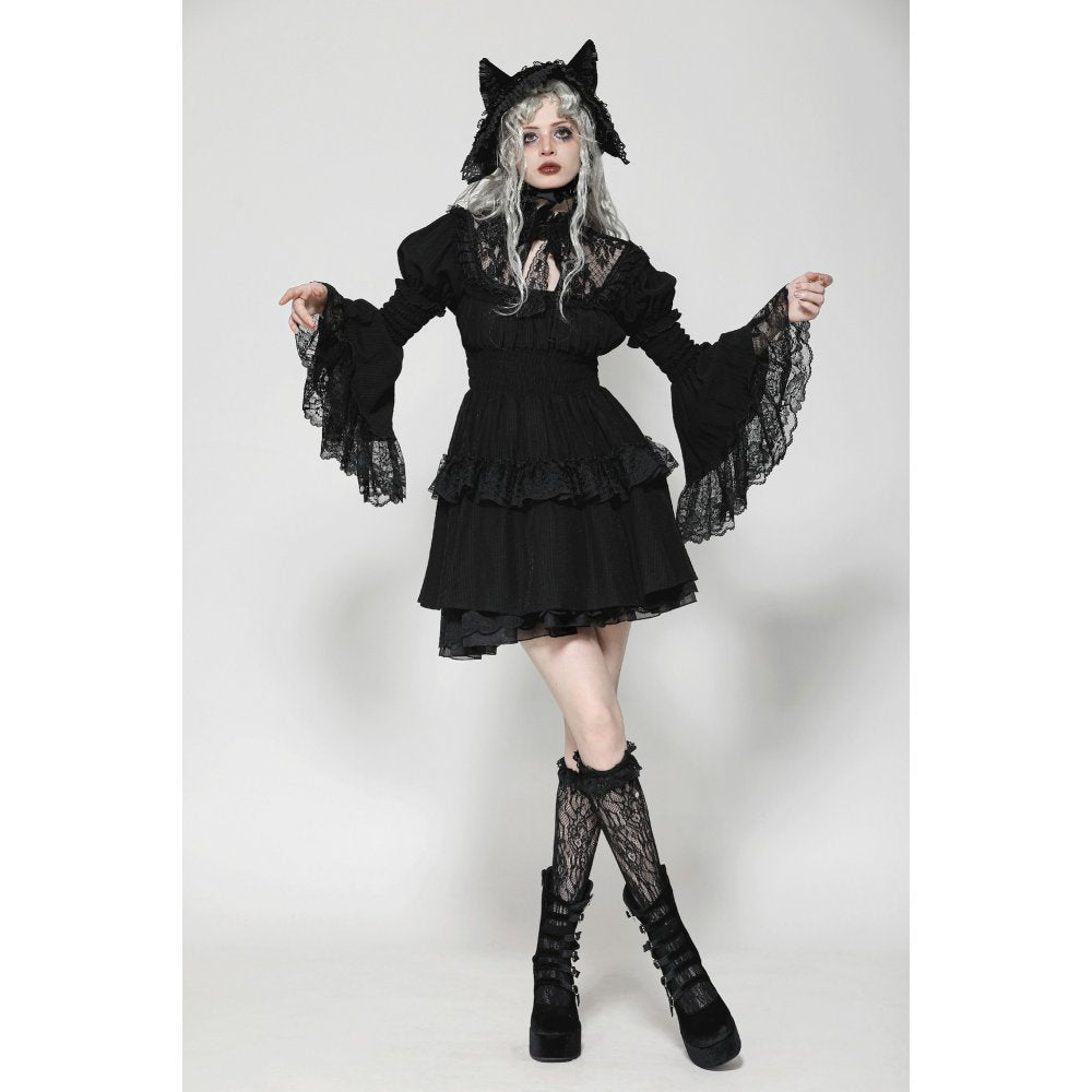 Full view of the Dark in Love Arya Gothic Doll Dress, featuring a playful cat ear bonnet paired with a flowing ruffled skirt, exuding Gothic charm.
