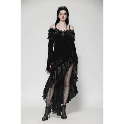 Back view of the Gothic velvet off-shoulder mermaid dress with ruffles, displaying the flattering mermaid silhouette and luxurious fabric, perfect for formal events.