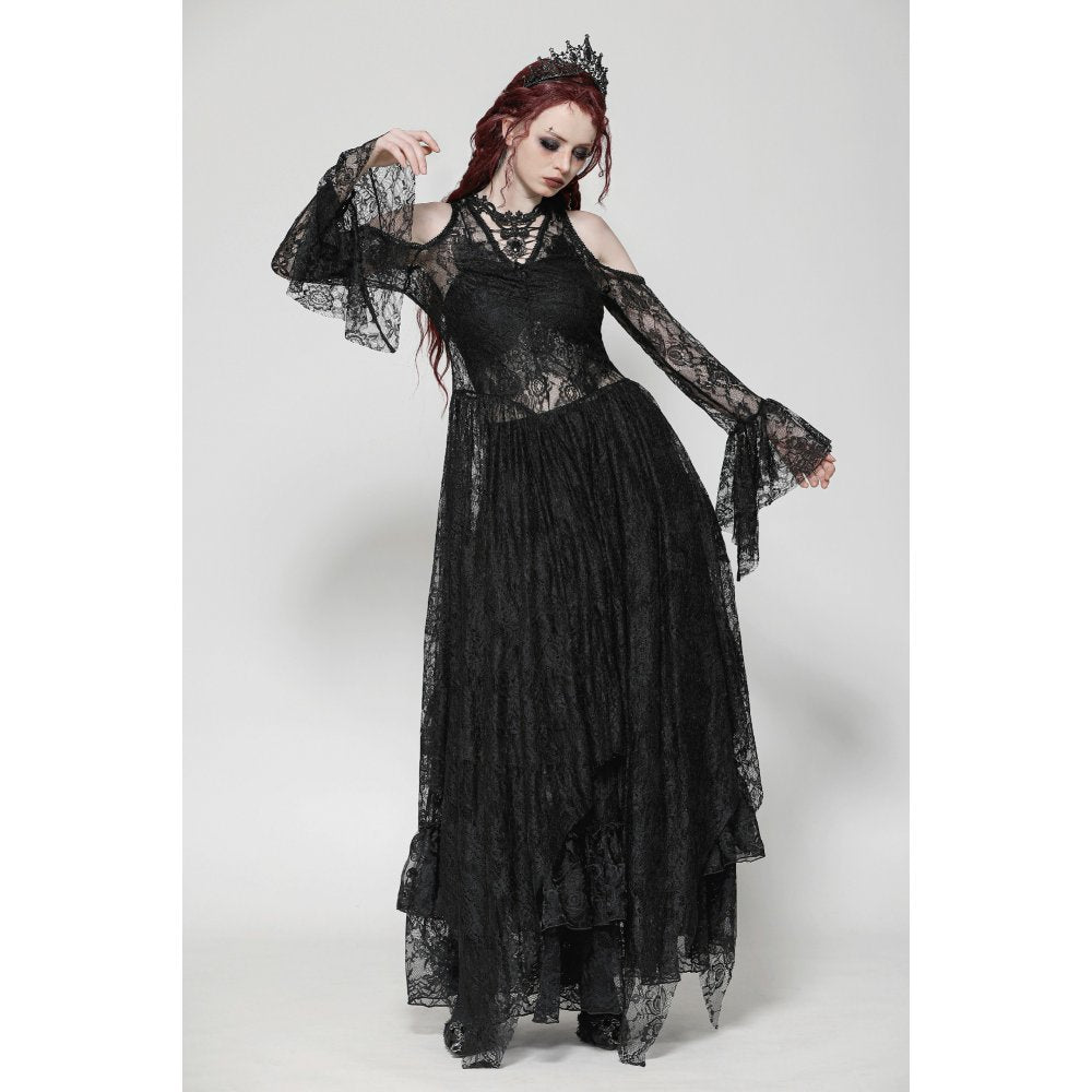 Model gracefully wearing the Carys Off-Shoulder Lace Dress with rhinestone embellishments, embodying gothic elegance.