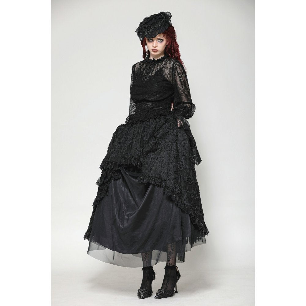 Model wearing the Aoife black lace top, styled elegantly to embody gothic sophistication and luxury, enhancing any wardrobe.