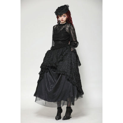 Model wearing the Aoife black lace top, styled elegantly to embody gothic sophistication and luxury, enhancing any wardrobe.