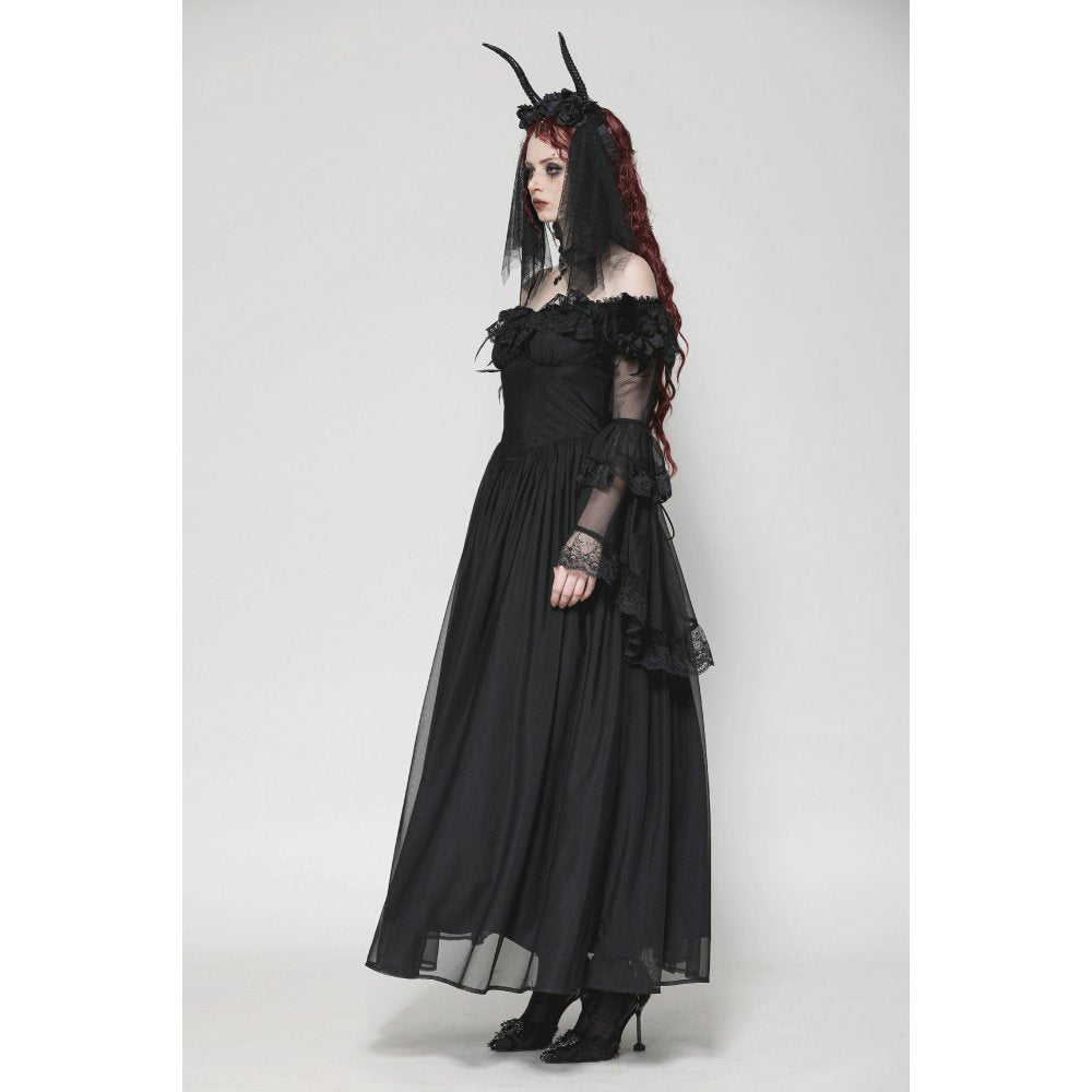 Full length shot of the Dark in Love Millicent Black Tulle Dress, highlighting its floor-length chiffon skirt and ruffled corset bodice for vintage glamour.