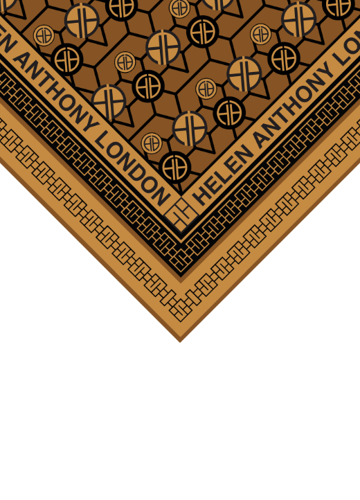 Detail view of the exclusive geometric print on the Helen Anthony Twill Silk Scarf, emphasizing its luxurious texture and sophisticated design.