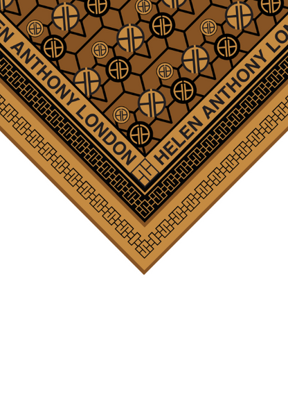 Detail view of the exclusive geometric print on the Helen Anthony Twill Silk Scarf, emphasizing its luxurious texture and sophisticated design.