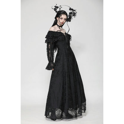 Dramatic flair of the Dark in Love Cosette Maxi Dress with layered bell cuffs, embodying sophistication and gothic charm.