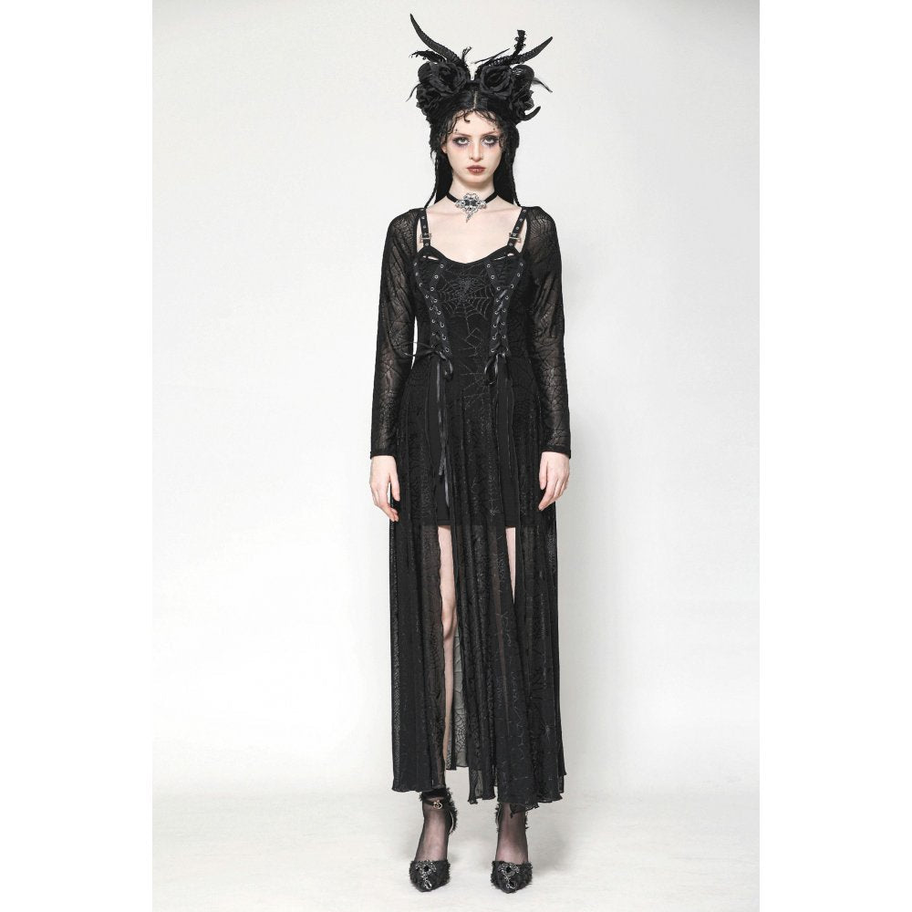 Gothic elegance displayed in the Dark in Love Jax spider print long dress featuring a sheer strappy top, perfect for gothic fashion enthusiasts.