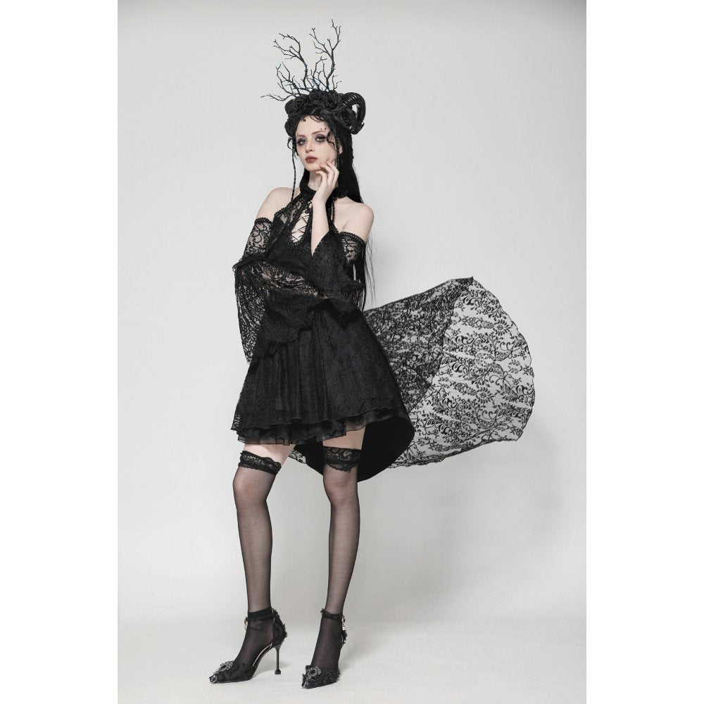 Flat lay of the Dark in Love Gem Gothic Vine Lace Tail Dress on a luxurious fabric background, showing off its gothic elegance and detailed craftsmanship.