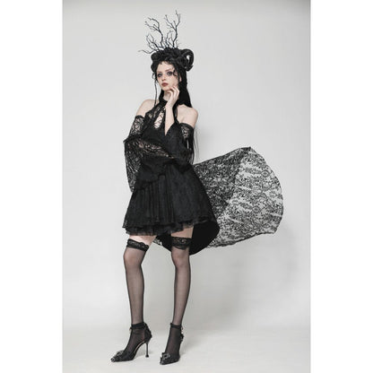 Flat lay of the Dark in Love Gem Gothic Vine Lace Tail Dress on a luxurious fabric background, showing off its gothic elegance and detailed craftsmanship.