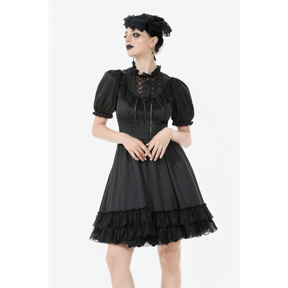 Full view of the Dark in Love Belladonna Black Goth Dress on a model, highlighting the fitted silhouette and layered lace hem, ideal for enchanting gothic elegance.