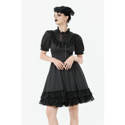 Full view of the Dark in Love Belladonna Black Goth Dress on a model, highlighting the fitted silhouette and layered lace hem, ideal for enchanting gothic elegance.