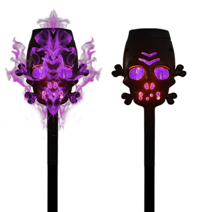 Close-up view of the Solar Skull Simulation Flame Lamp Halloween Torch, showcasing its intricate skull design and vibrant purple flame simulation, perfect for enhancing Halloween décor.
