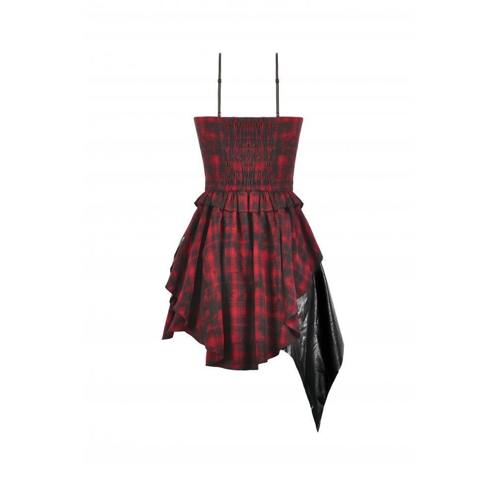 Back view of the red tartan punk dress with a zipper closure, highlighting the couture craftsmanship and adjustable straps for a perfect fit.