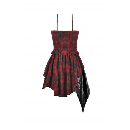 Back view of the red tartan punk dress with a zipper closure, highlighting the couture craftsmanship and adjustable straps for a perfect fit.
