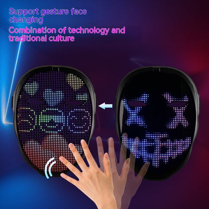 Artistic Face Changing Glowing Mask demonstrating gesture control for dynamic face transformations. Perfect for enhancing your Halloween costume with elegance from Dazzling Dreams Studio.