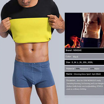 Luxurious men's short sleeve body shaper t-shirt in vibrant black and yellow, showcasing a fit physique, perfect for activewear and casual outings.