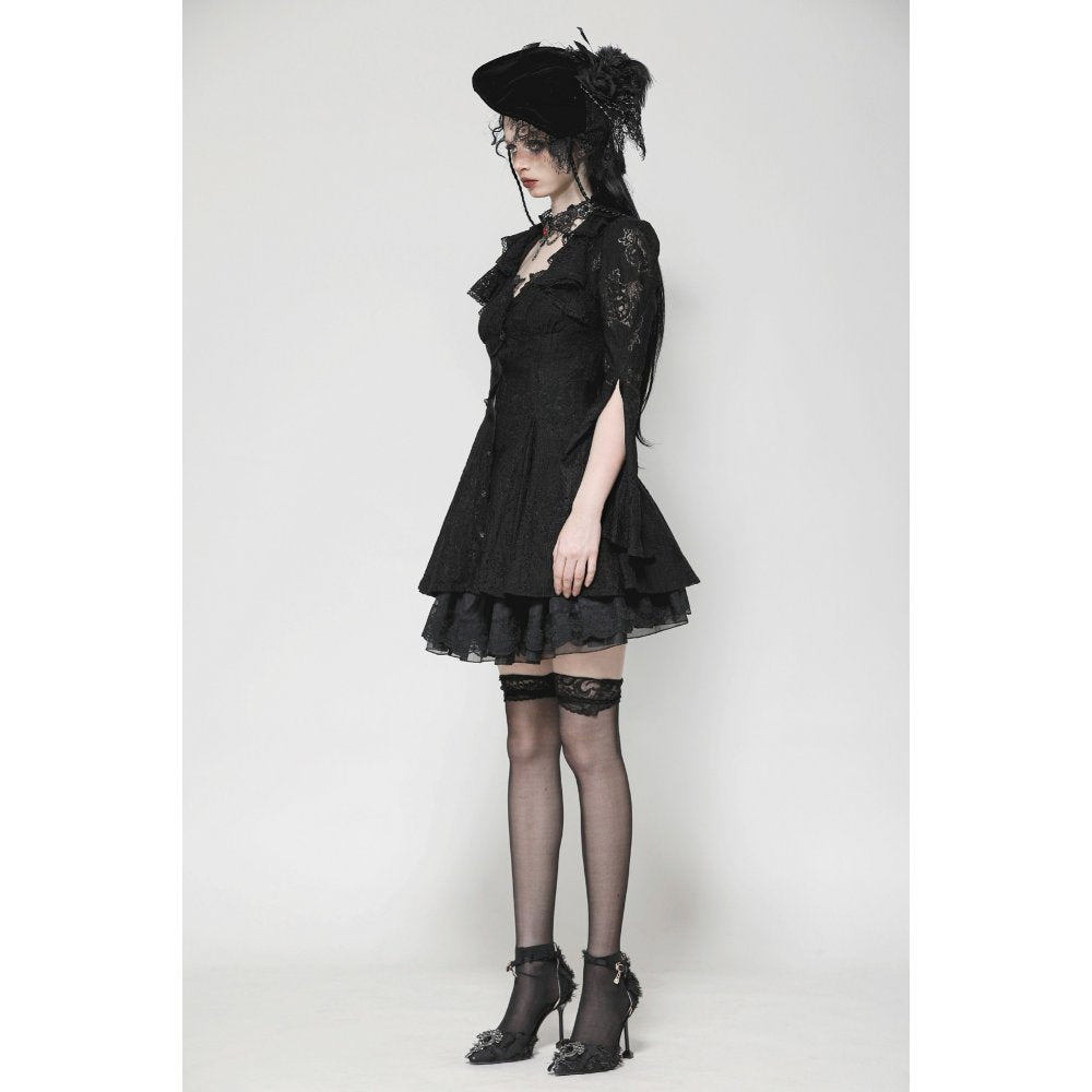 Full view of the Dark in Love Luca black dress, demonstrating its fashionable Gothic style and adjustable waist design.