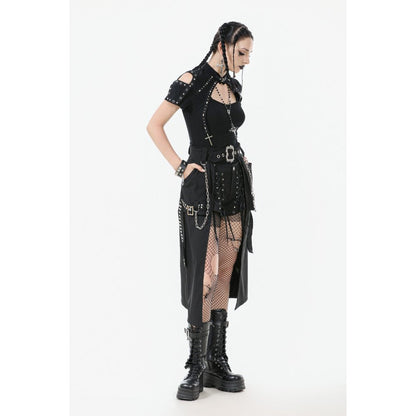 Elegant Dark in Love Layered Goth Skirt featuring dramatic split fronts and silver chain accessories, crafted from high-quality polyester, perfect for gothic fashion enthusiasts.