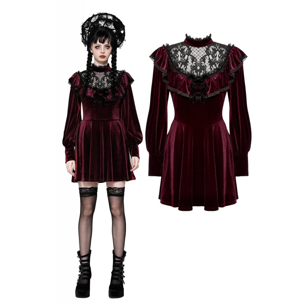 Luxurious burgundy velvet dress featuring elegant black gothic lace detailing and a ruffle neckline, ideal for glamorous occasions.