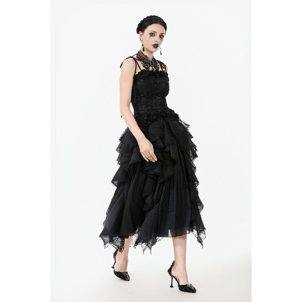 Beautifully structured corset top with delicate shoulder straps and covered buttons, perfect for creating a gothic ensemble.