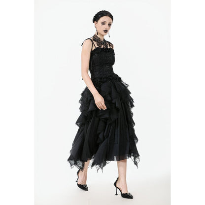 Beautifully structured corset top with delicate shoulder straps and covered buttons, perfect for creating a gothic ensemble.