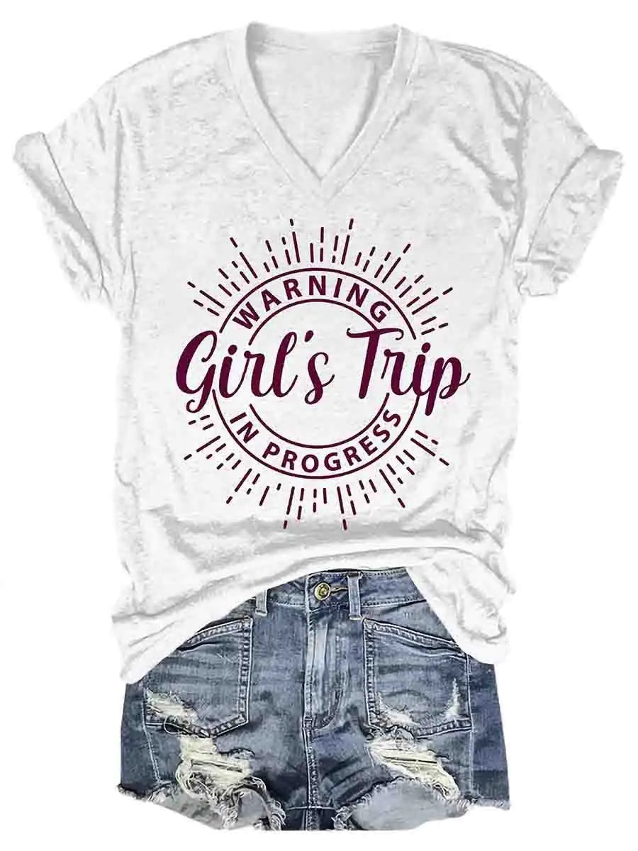 Women's Girl's Trip Warning V-Neck Tee