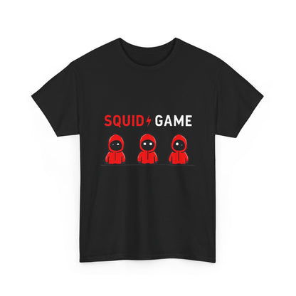 Luxury black 'Squid Game' unisex t-shirt featuring playful red hooded figures, perfect for stylish casual wear.