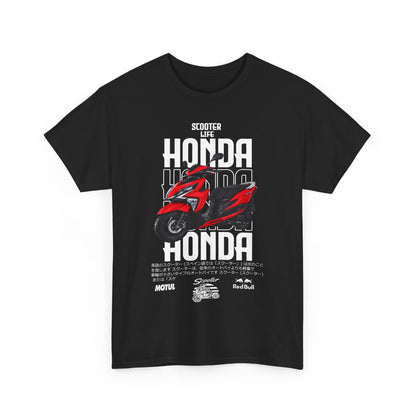 Stylish black men's t-shirt featuring a dynamic red Honda scooter design with prominent 'HONDA' and 'SCOOTER LIFE' text, perfect for scooter enthusiasts.