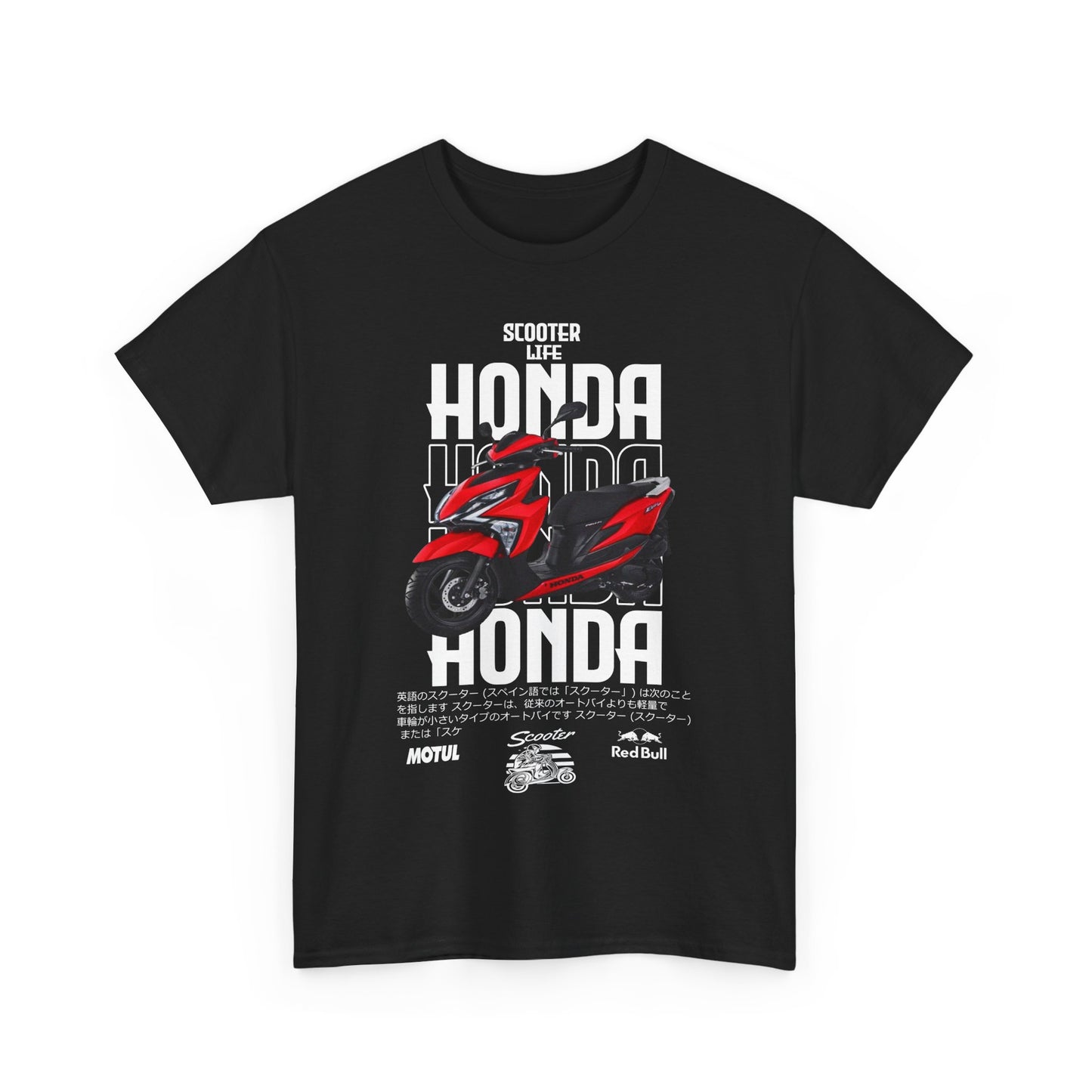 Luxurious black men's t-shirt featuring a dynamic Honda scooter graphic with bold text celebrating scooter life, embodying modern style and robust adventure.