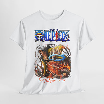 Artistic presentation of a white t-shirt with a striking Trafalgar Law print, offering a chic fashion statement for One Piece fans.