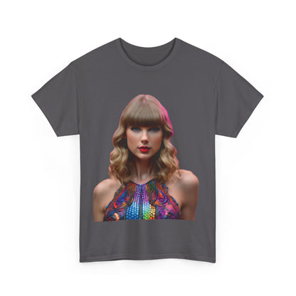 Front view of the exclusive Swifties Psychedelic Taylor Swift Heavy Cotton Tee in grey, displaying a striking psychedelic graphic of Taylor Swift, tailored for fans who adore style.