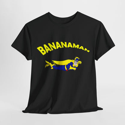 Luxurious Limited Edition Bananaman Graphic Unisex T-Shirt in black, showcasing a whimsical hero design with vibrant yellow lettering, perfect for stylish comic enthusiasts.