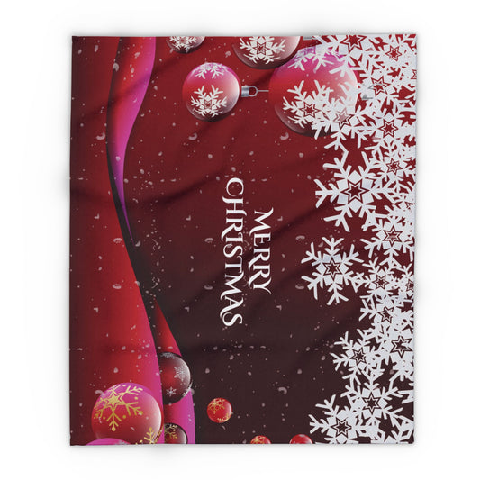 Decorative and Warm Christmas Arctic Fleece Blanket showcasing a sophisticated winter design, adorned with snowflakes and baubles, ideal for adding luxury to your holiday decor.