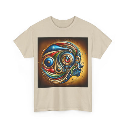 Front view of the Stained Glass Dreams Unisex T-Shirt featuring a vibrant abstract design inspired by stained glass art, adding a touch of luxury to any outfit.