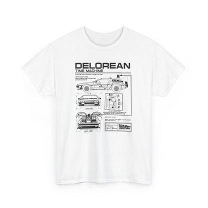Elegant white t-shirt for men with a vintage DeLorean time machine technical drawing, perfect for discerning enthusiasts of timeless fashion.