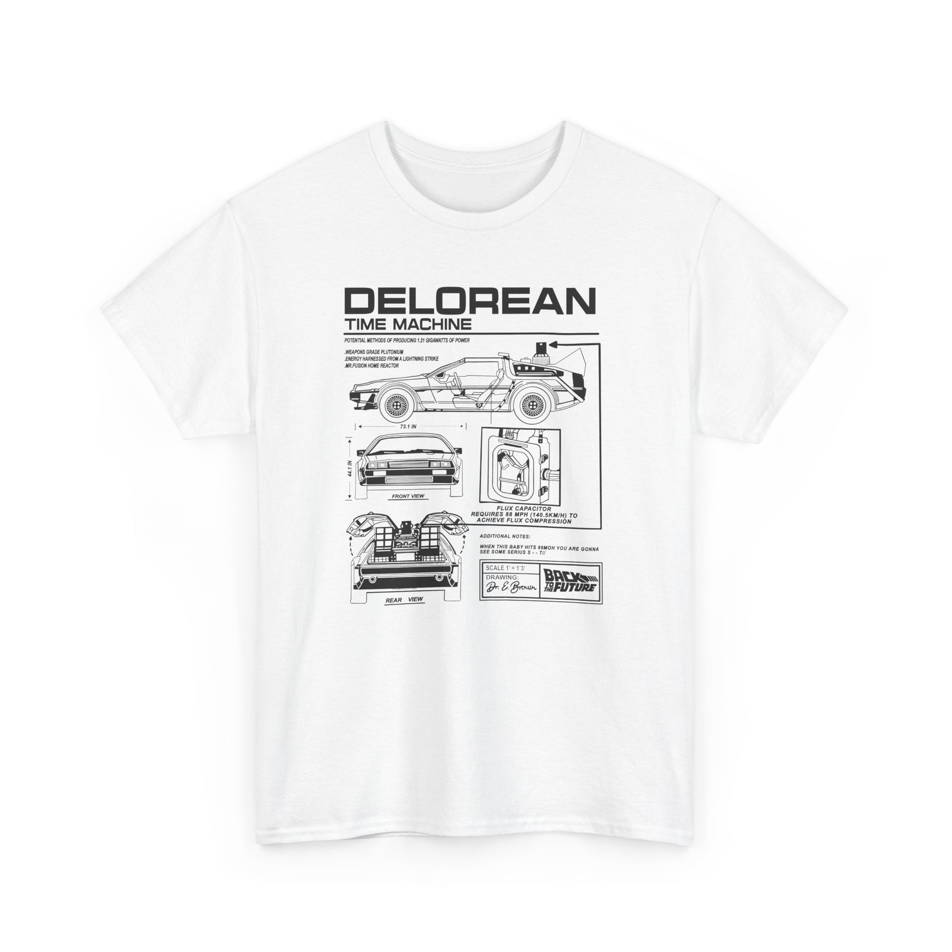 Premium white t-shirt displaying an intricate blueprint design of a DeLorean time machine, combining style and nostalgia.