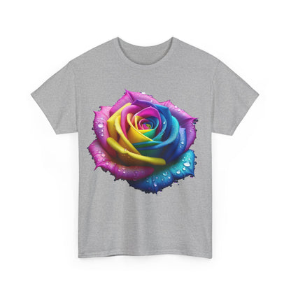 Rainbow Rose Unisex Cotton Tee Graphic T Shirt displaying a vibrant close-up of a rainbow rose, adorned with dew drops, set against a light grey background, suitable for casual wear.
