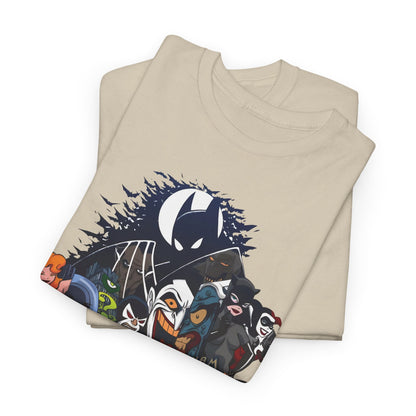Gotham Vibes Batman DC Comics Graphic T-Shirt Urban Unisex Cotton Tee featuring vibrant stylized illustration of Batman and iconic villains on a neutral background, showcasing luxury and creativity.