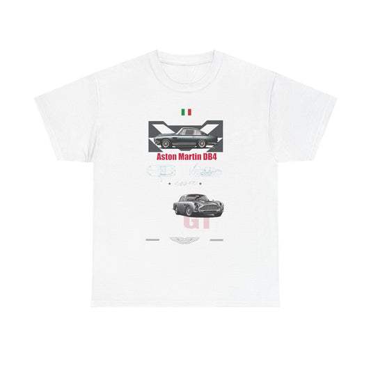 Elegant white Aston Martin DB4 graphic t-shirt showcasing a striking car illustration, detailed schematics, and sophisticated font, perfect for luxury fashion lovers.