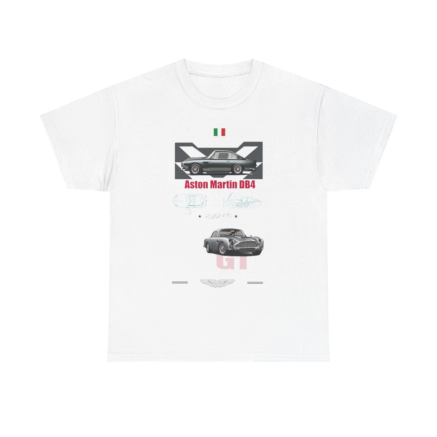 Elegant white men's t-shirt design highlighting the Aston Martin DB4 with intricate graphics and striking text, perfect for automotive enthusiasts.