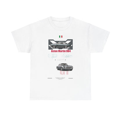 Elegant white men's t-shirt design highlighting the Aston Martin DB4 with intricate graphics and striking text, perfect for automotive enthusiasts.
