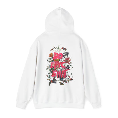 Chic white hoodie adorned with a captivating back graphic of 'DO EPIC SH*T', accented with colourful floral illustrations, ideal for adding flair to any casual outfit.
