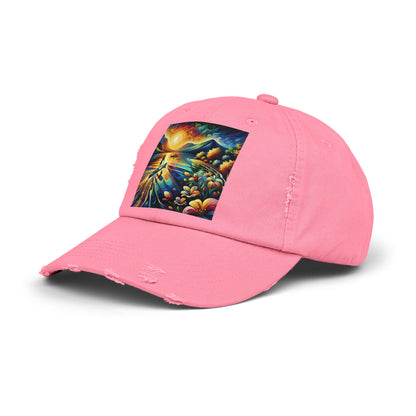 Unisex Distressed Paddleboarders Cap - Chic pink cap adorned with an artistic paddleboarding design, ideal sun protection for exceptional adventures.