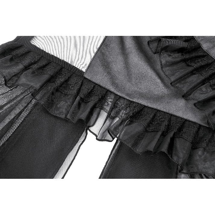 Flowing high-low mesh skirt of the Gothic Tiered Dress, showcasing the graceful movement and layered design ideal for gothic balls.