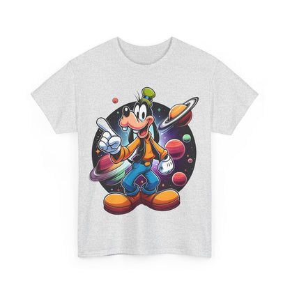 Front view of the Cosmic Goofy Unisex Graphic Tee displaying a captivating graphic illustration of Goofy surrounded by planets, blending luxury and fun.