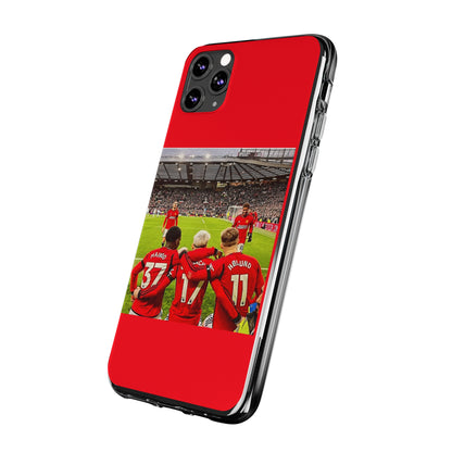 Manchester United Mainoo Garnach Hojlund Soft Phone Case displayed at a stylish angle, highlighting robust TPU material and exceptional design.