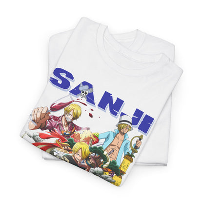 Folded white t-shirt displaying an eye-catching Sanji graphic from One Piece, emphasizing vibrant colours and intricate character detail for fashionable anime wear.