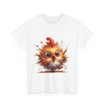 Explosive Joy Tee - Cartoon Bird Edition featuring a vibrant cartoon bird design on a white cotton unisex tee, radiating energy and joy.