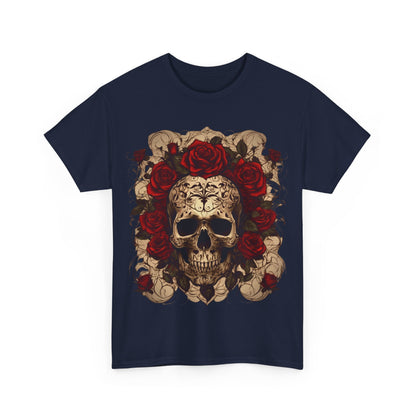 Close-up front view of the Skulls and Roses Cotton Tee, Unisex Graphic Shirt highlighting the stunning steampunk-inspired skull and rose design.