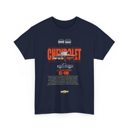 Front view of a luxury navy Chevrolet C-10 graphic shirt for men, elegantly depicting a vintage truck design with vibrant colours and intricate details.