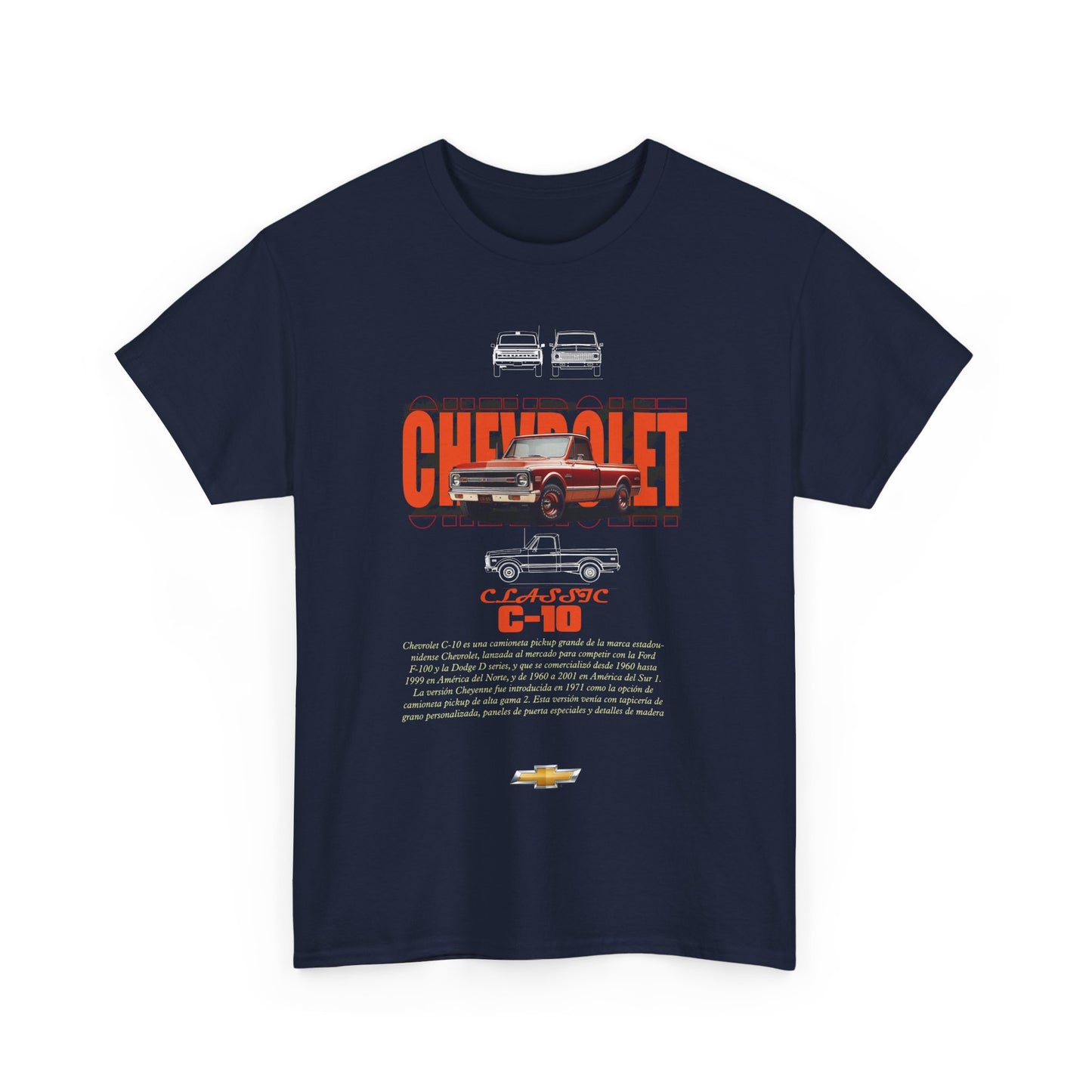 Elegant navy t-shirt featuring a vintage Chevrolet C-10 graphic, showcasing a classic truck design with bold typography and historical details, perfect for car enthusiasts.